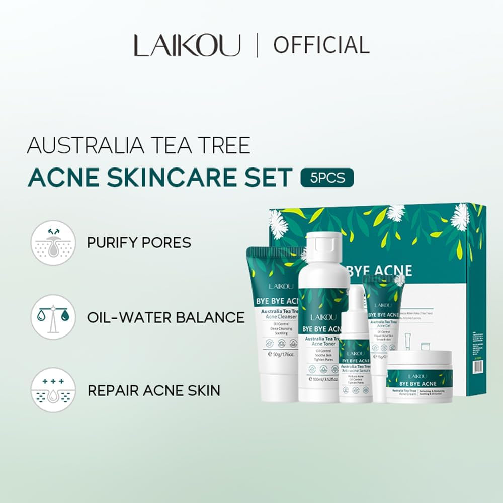 LAIKOU D’Arbre À Thé Ensemble De Soins De La Peau, 5Pcs Routine Skincare Visage anti Imperfections, Avce Nettoyant, Toner, Essence, Gel, Crème, Coffret Cadeau Soins Du Visage Pour Adolescentes Femmes
