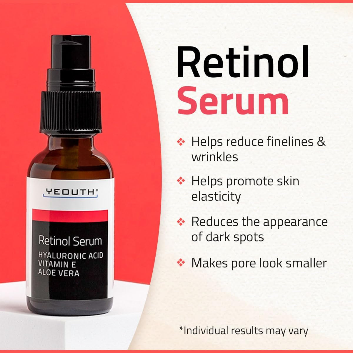 YEOUTH Retinol Serum Visage Avec Acide Hyaluronique, Vitamine E Et Aloe Vera, Hydratant Sérum Visage Nuit Adapté À Tous Les Types De Peau 30Ml