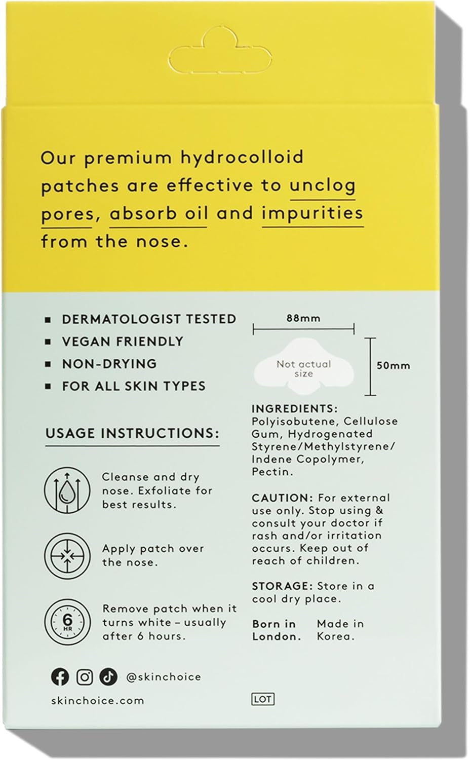 SKIN CHOICE Nose Pore Strips - Patch Nasal Hydrocolloïde Pour Déboucher Et Rétrécir Les Pores, Éliminer Les Impuretés, L'Acné Et Les Boutons, Prévenir Les Points Noirs Végétalien (10 Unité)