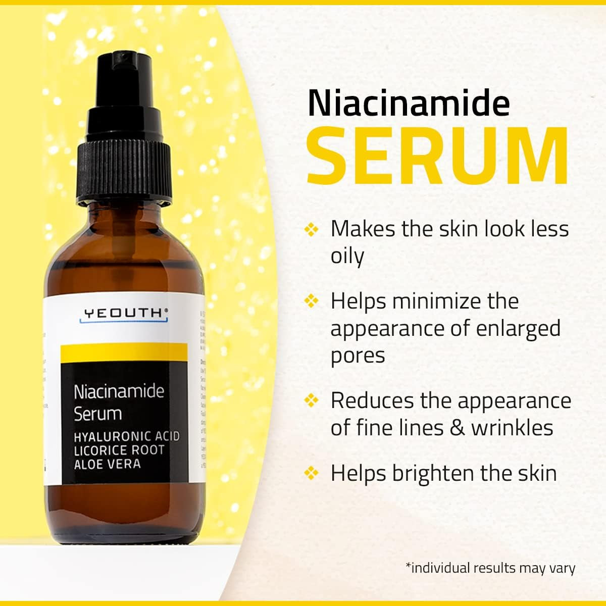 YEOUTH Serum Niacinamide Visage 10% À Acide Hyaluronique Et Aloe Vera, Hydratant Soins Pour Le Visage B3 Améliore Apparence D'Une Peau Au Teint Uniforme 60Ml