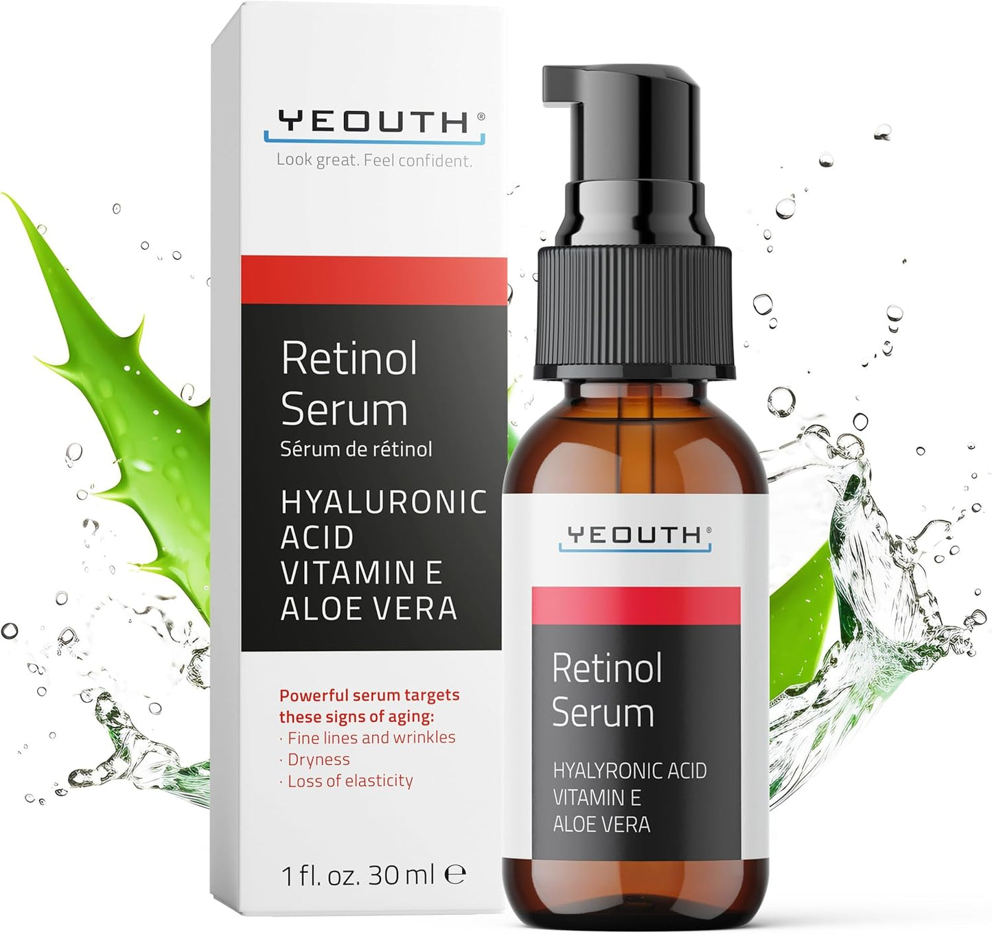 YEOUTH Retinol Serum Visage Avec Acide Hyaluronique, Vitamine E Et Aloe Vera, Hydratant Sérum Visage Nuit Adapté À Tous Les Types De Peau 30Ml
