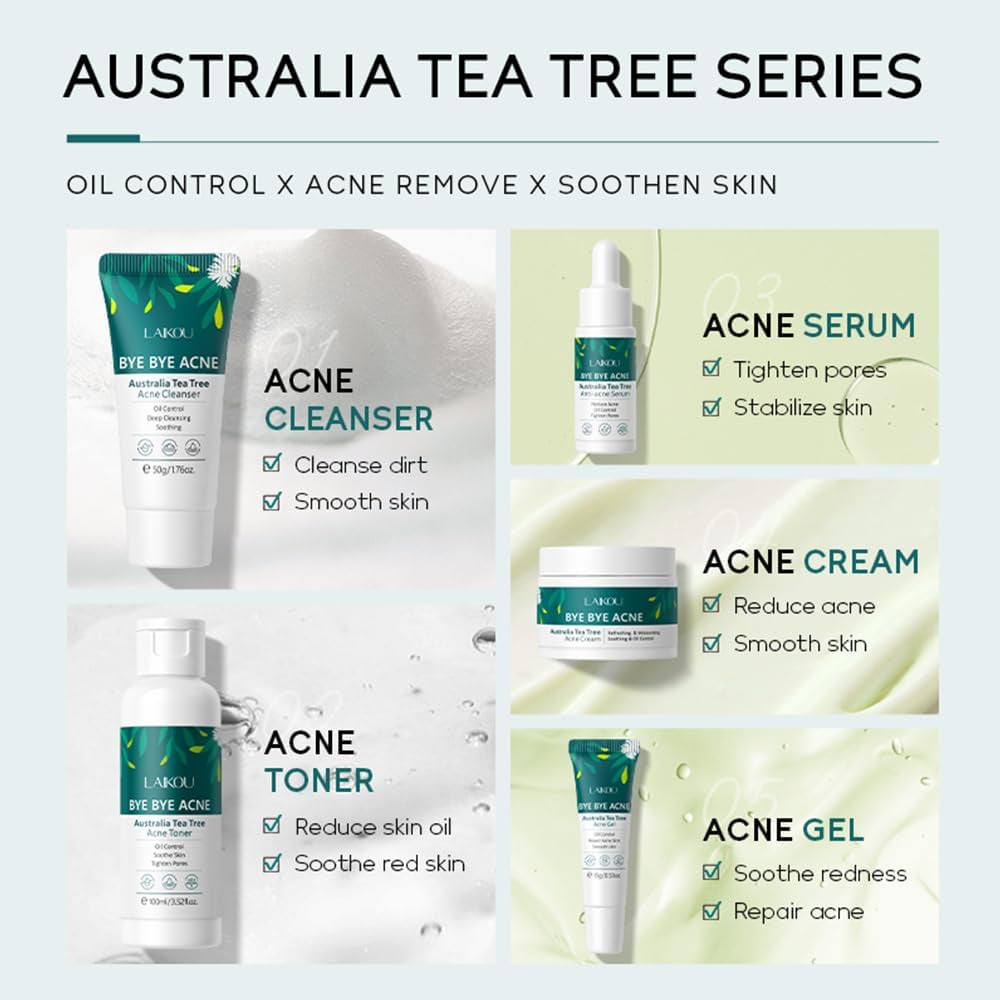LAIKOU D’Arbre À Thé Ensemble De Soins De La Peau, 5Pcs Routine Skincare Visage anti Imperfections, Avce Nettoyant, Toner, Essence, Gel, Crème, Coffret Cadeau Soins Du Visage Pour Adolescentes Femmes