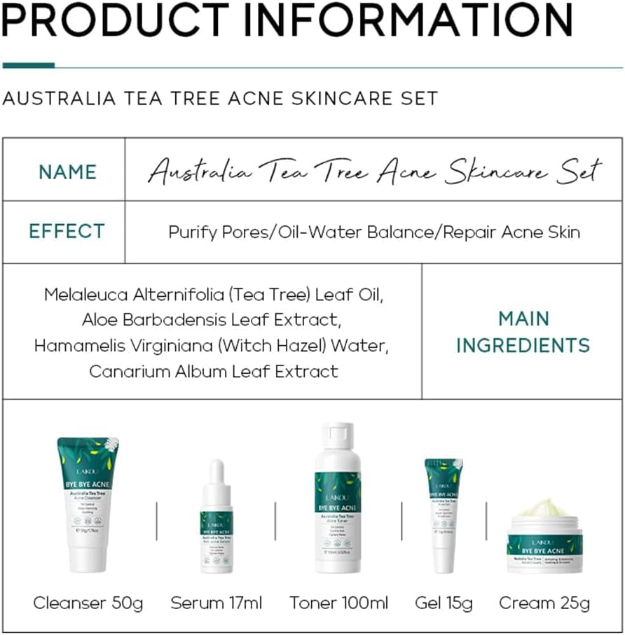 LAIKOU D’Arbre À Thé Ensemble De Soins De La Peau, 5Pcs Routine Skincare Visage anti Imperfections, Avce Nettoyant, Toner, Essence, Gel, Crème, Coffret Cadeau Soins Du Visage Pour Adolescentes Femmes