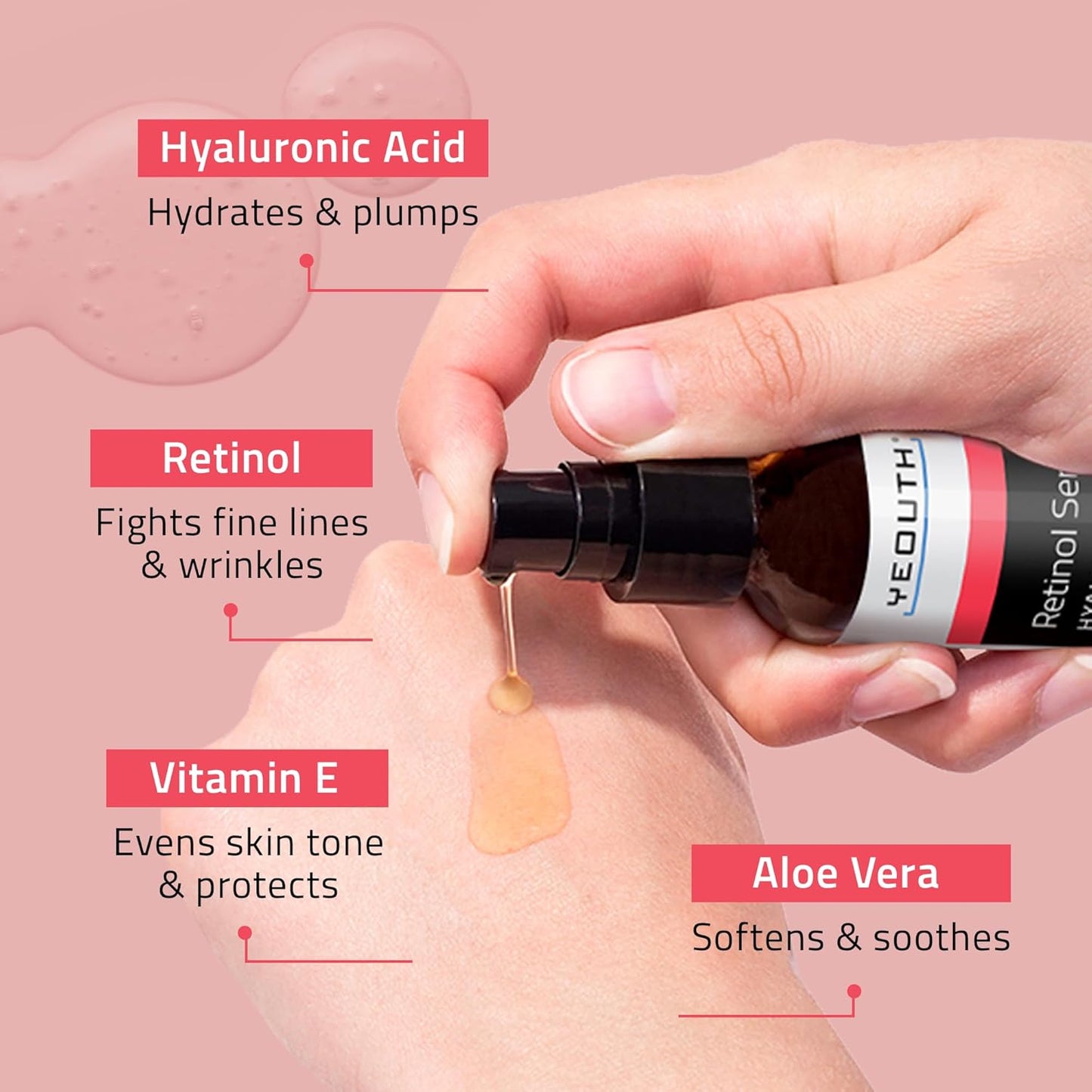 YEOUTH Retinol Serum Visage Avec Acide Hyaluronique, Vitamine E Et Aloe Vera, Hydratant Sérum Visage Nuit Adapté À Tous Les Types De Peau 30Ml