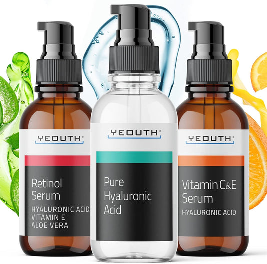 YEOUTH Acide Hyaluronique, Retinol Serum Visage Et Serum Vitamine C Et E, Cible L'Apparence D'Un Teint Inégal Et La Sécheresse Peau, Skincare Set 3X30Ml