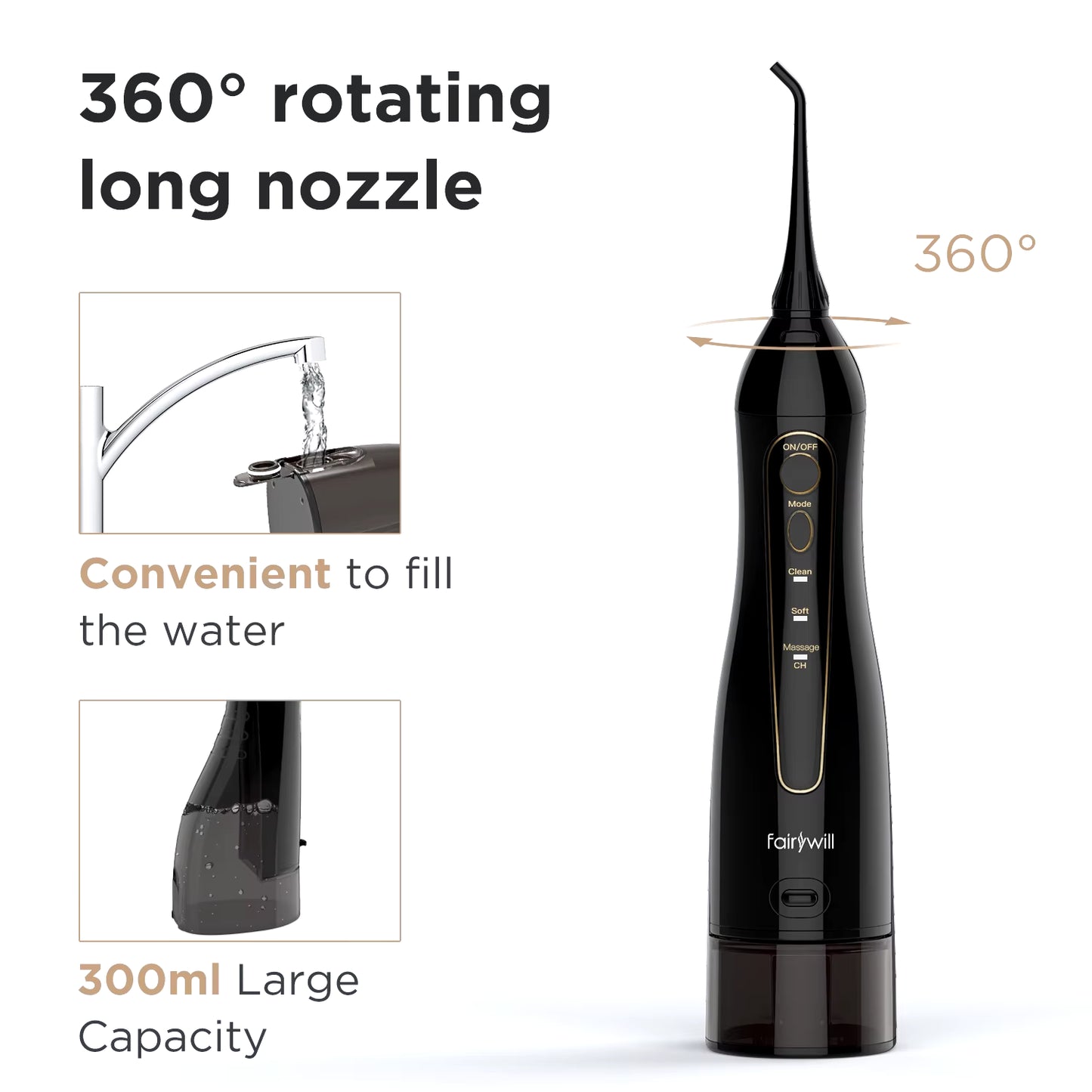 Fairywill Water Flossers for Teeth 300ML Oral Irrigator Rechargeable Portable Dental 3 Modes Water Tank Waterproof Teeth Cleaner