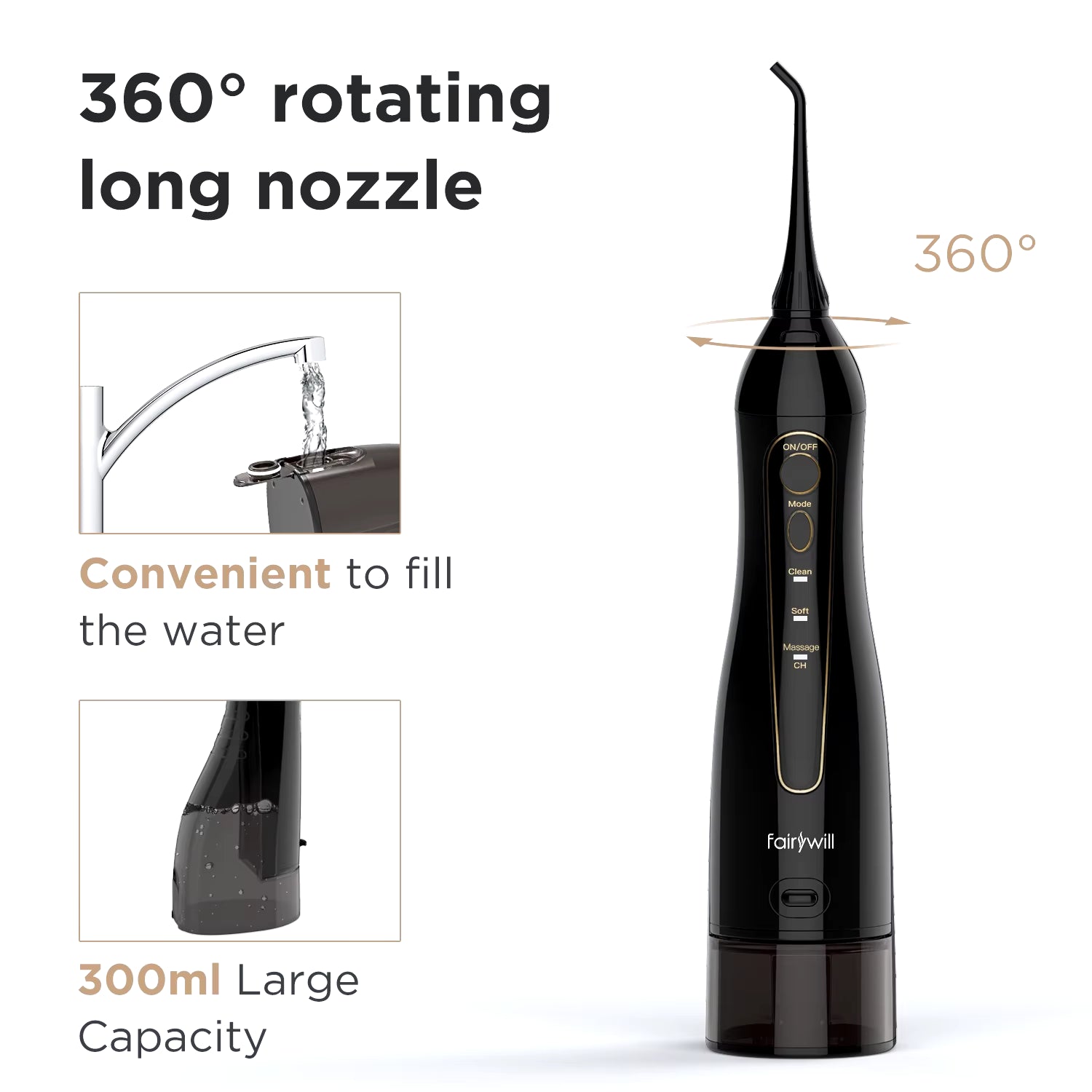 Fairywill Water Flossers for Teeth 300ML Oral Irrigator Rechargeable Portable Dental 3 Modes Water Tank Waterproof Teeth Cleaner