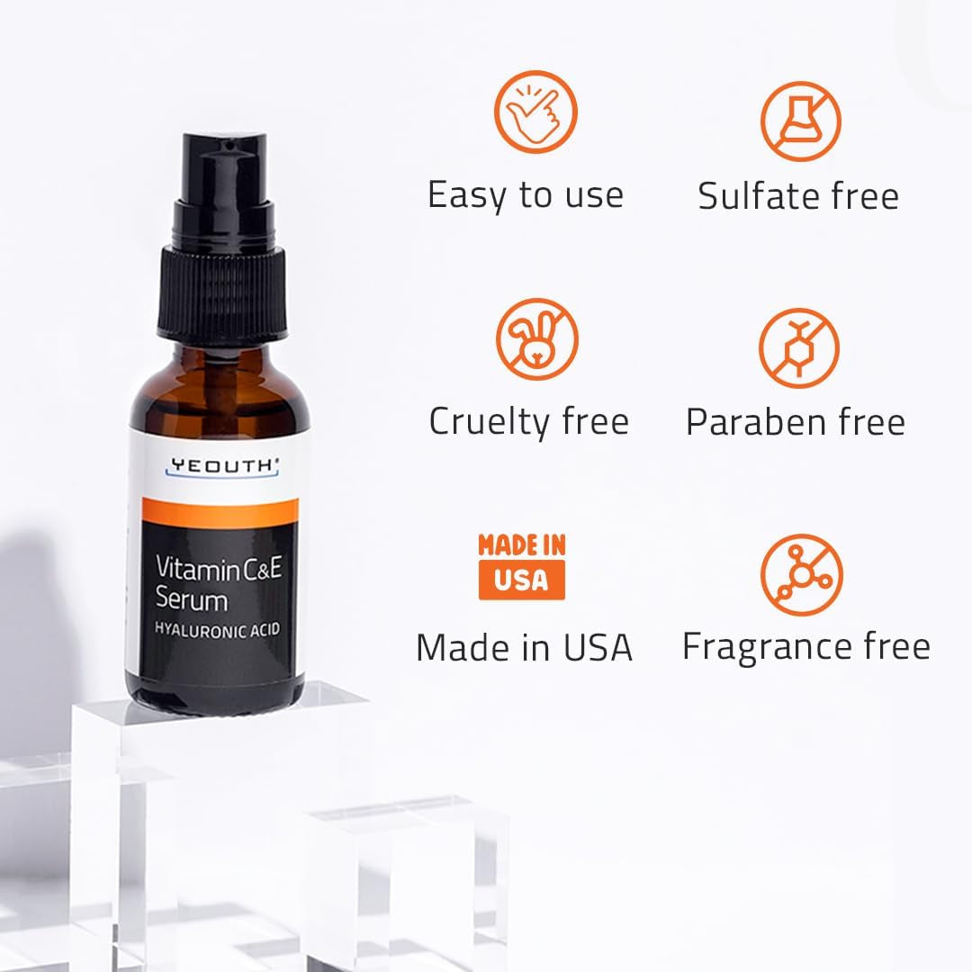 YEOUTH Serum Vitamine C Et E Avec Acide Hyaluronique, Hydratant Vitamine C Serum Visage, Skin Care Cible Apparence Des Taches Ternes 30Ml