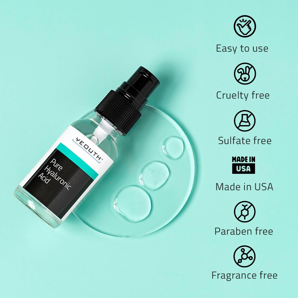 YEOUTH Acide Hyaluronique Serum Visage 99%, Professional Hydratation Soins Pour Le Visage Peau Sensible, Skincare Sans Paraben 60Ml