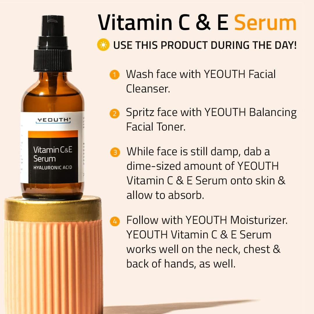 YEOUTH Serum Vitamine C Et E Avec Acide Hyaluronique, Hydratant Vitamine C Serum Visage, Skin Care Cible Apparence Des Taches Ternes 30Ml