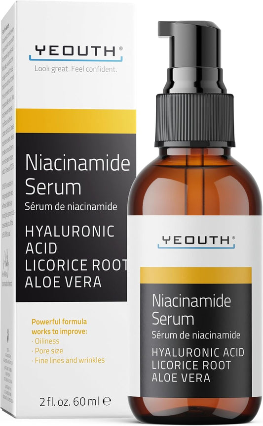 YEOUTH Serum Niacinamide Visage 10% À Acide Hyaluronique Et Aloe Vera, Hydratant Soins Pour Le Visage B3 Améliore Apparence D'Une Peau Au Teint Uniforme 60Ml
