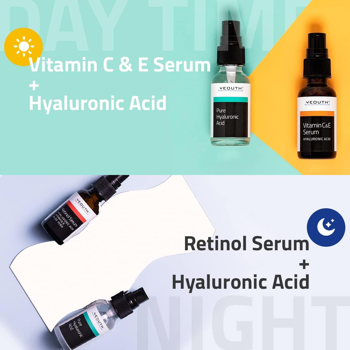 YEOUTH Acide Hyaluronique, Retinol Serum Visage Et Serum Vitamine C Et E, Cible L'Apparence D'Un Teint Inégal Et La Sécheresse Peau, Skincare Set 3X30Ml