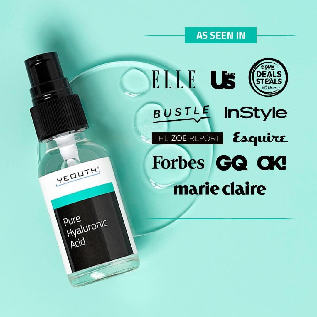 YEOUTH Acide Hyaluronique Serum Visage 99%, Professional Hydratation Soins Pour Le Visage Peau Sensible, Skincare Sans Paraben 30Ml