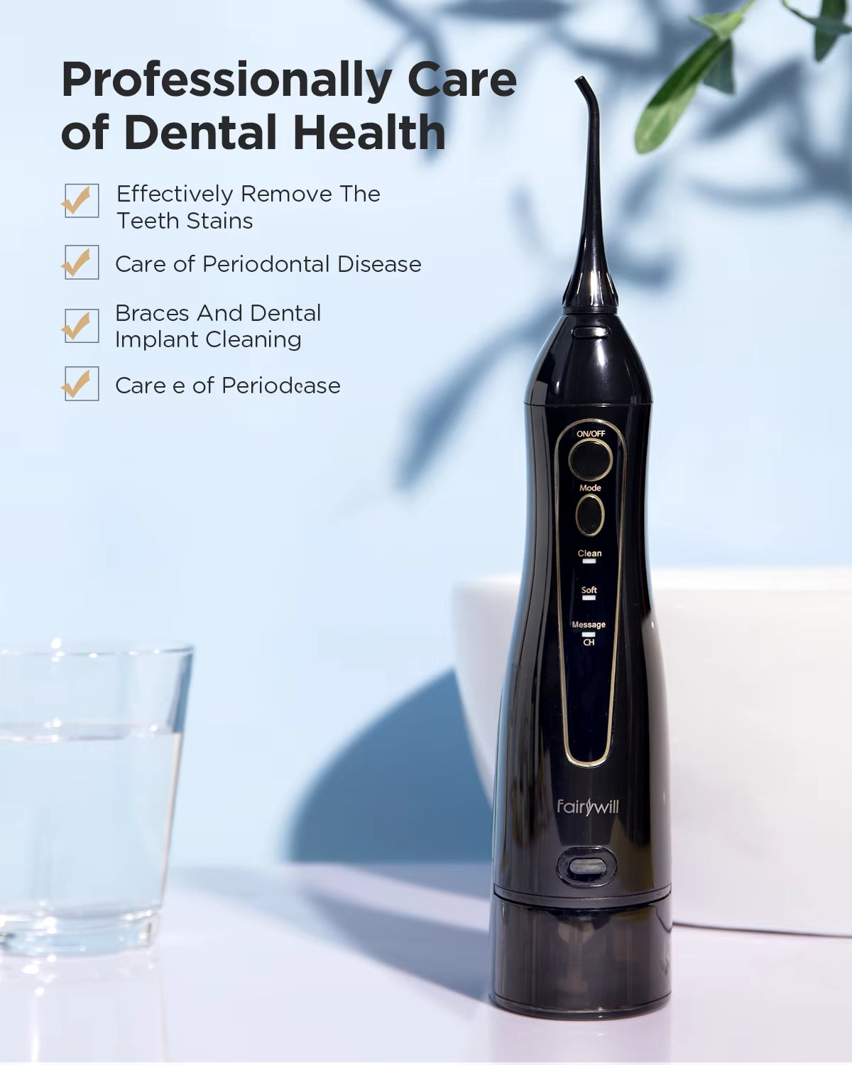 Fairywill Water Flossers for Teeth 300ML Oral Irrigator Rechargeable Portable Dental 3 Modes Water Tank Waterproof Teeth Cleaner