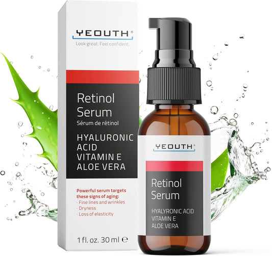 YEOUTH Retinol Serum Visage Avec Acide Hyaluronique, Vitamine E Et Aloe Vera, Hydratant Sérum Visage Nuit Adapté À Tous Les Types De Peau 30Ml