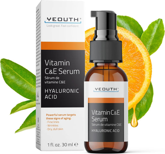YEOUTH Serum Vitamine C Et E Avec Acide Hyaluronique, Hydratant Vitamine C Serum Visage, Skin Care Cible Apparence Des Taches Ternes 30Ml