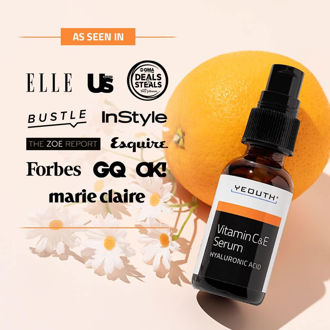 YEOUTH Serum Vitamine C Et E Avec Acide Hyaluronique, Hydratant Vitamine C Serum Visage, Skin Care Cible Apparence Des Taches Ternes 30Ml