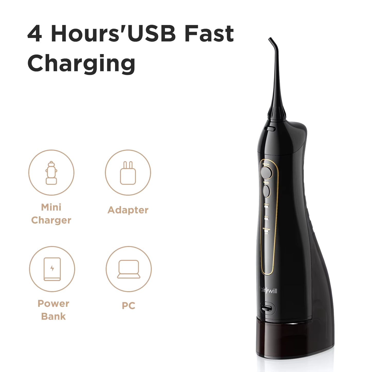 Fairywill Water Flossers for Teeth 300ML Oral Irrigator Rechargeable Portable Dental 3 Modes Water Tank Waterproof Teeth Cleaner