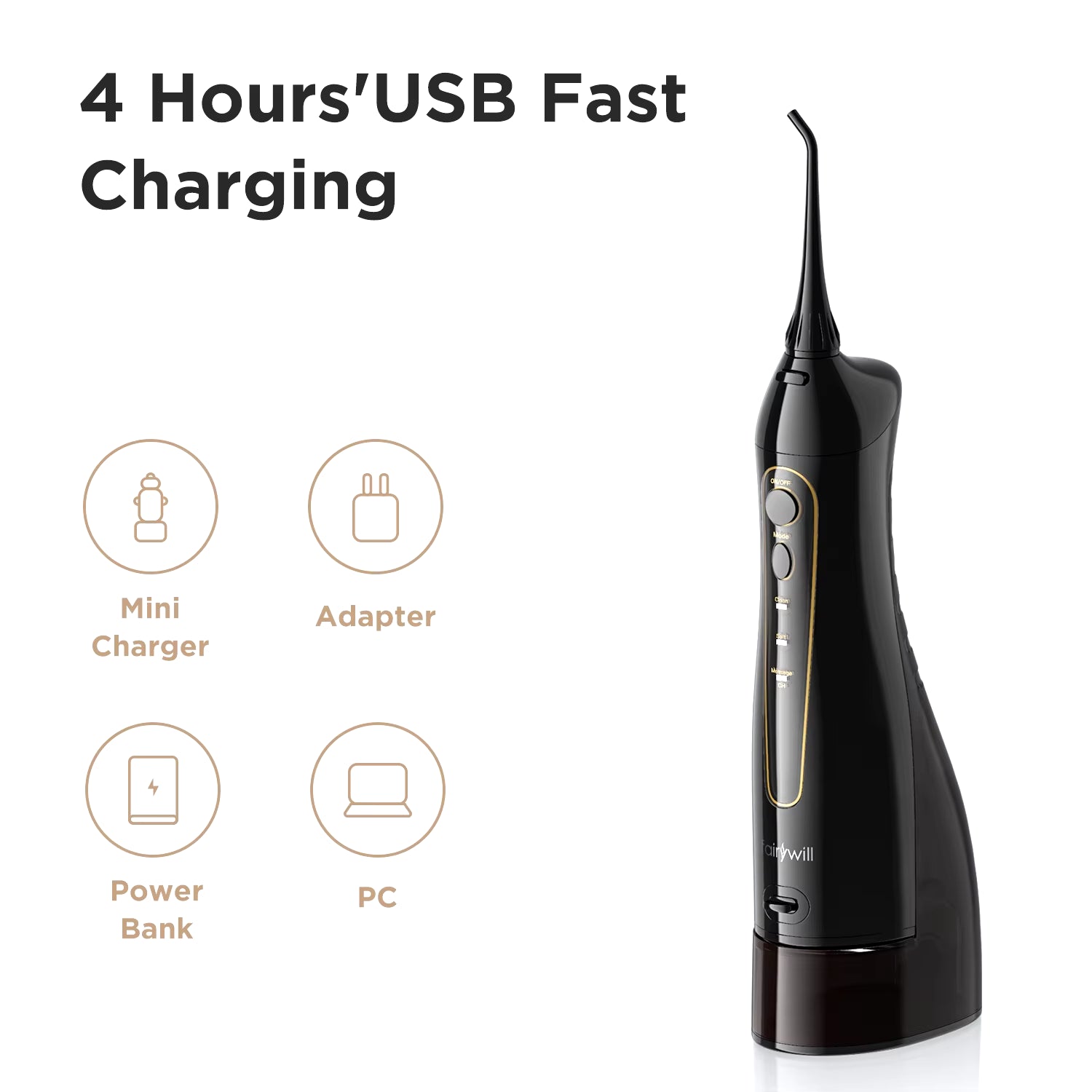 Fairywill Water Flossers for Teeth 300ML Oral Irrigator Rechargeable Portable Dental 3 Modes Water Tank Waterproof Teeth Cleaner