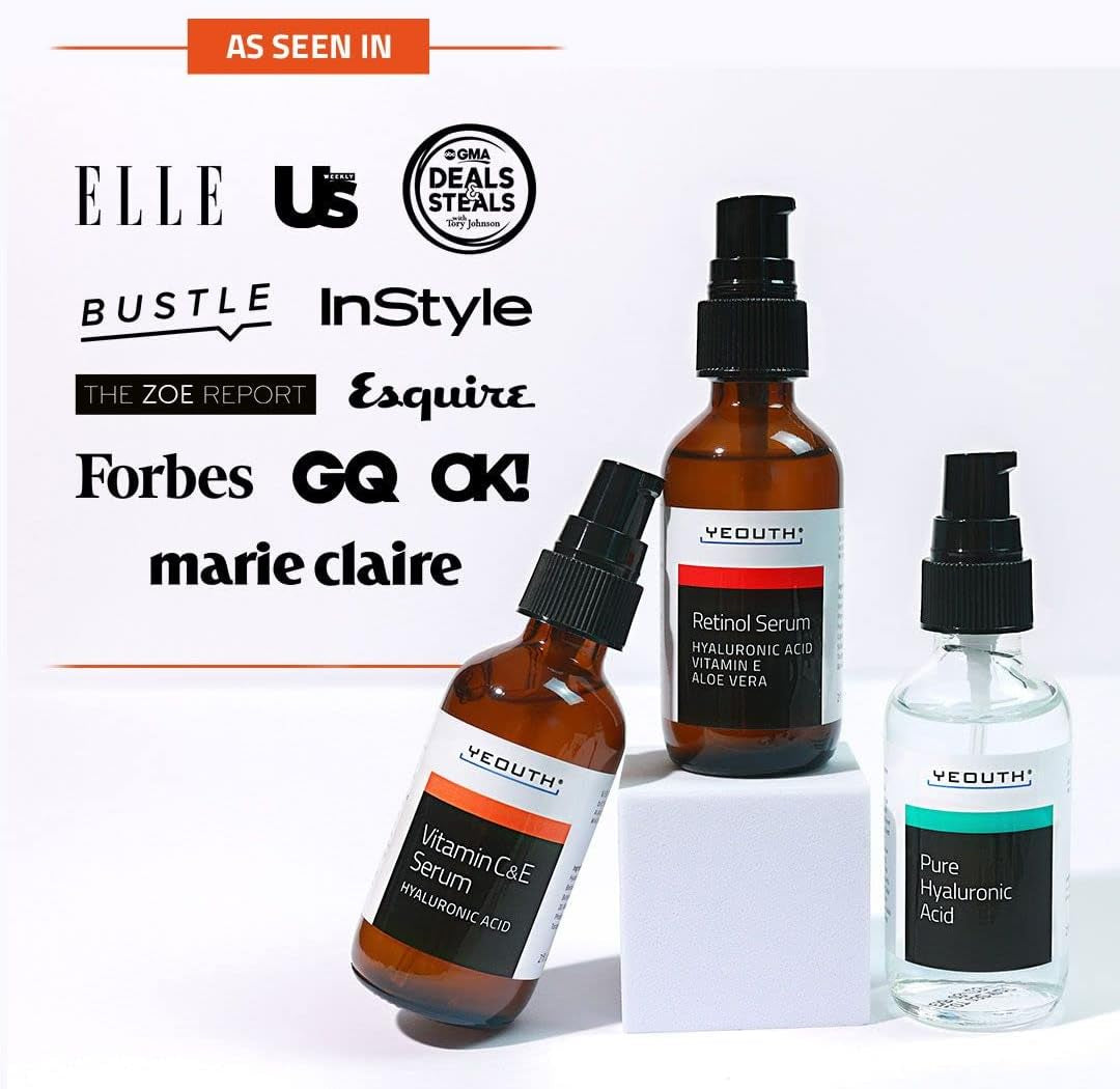 YEOUTH Acide Hyaluronique, Retinol Serum Visage Et Serum Vitamine C Et E, Cible L'Apparence D'Un Teint Inégal Et La Sécheresse Peau, Skincare Set 3X30Ml